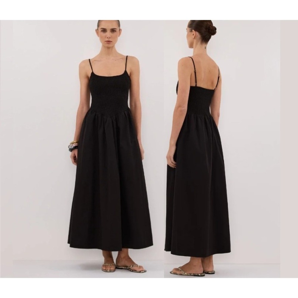 DISSH Milano Black Cotton Midi Dress US 4 Smocked Bodice Full Skirt Minimalist